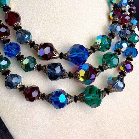 1960s triple strand jewel tone beaded necklace with matching clip on earrings - Picture 9 of 9